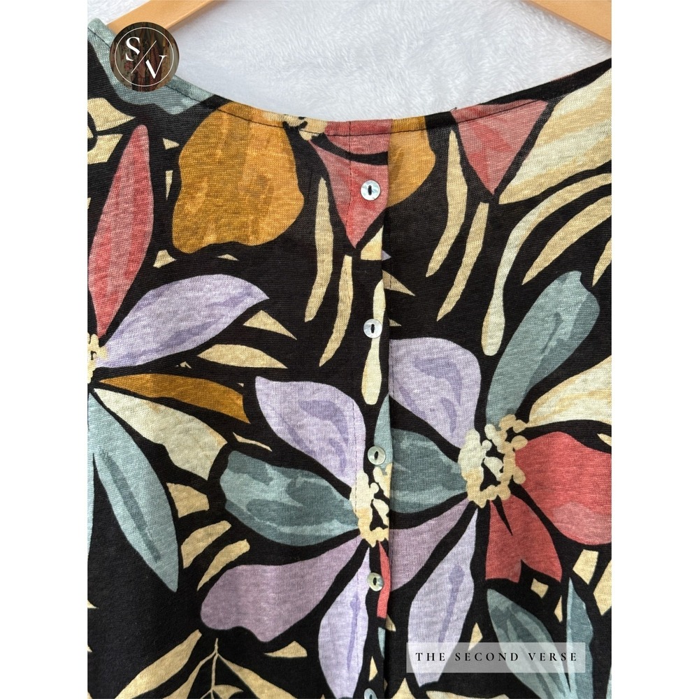 Nicole Miller Top Women XL Boho Floral Linen Button Back Cap Sleeve Multi XL - Picture 4 of 7